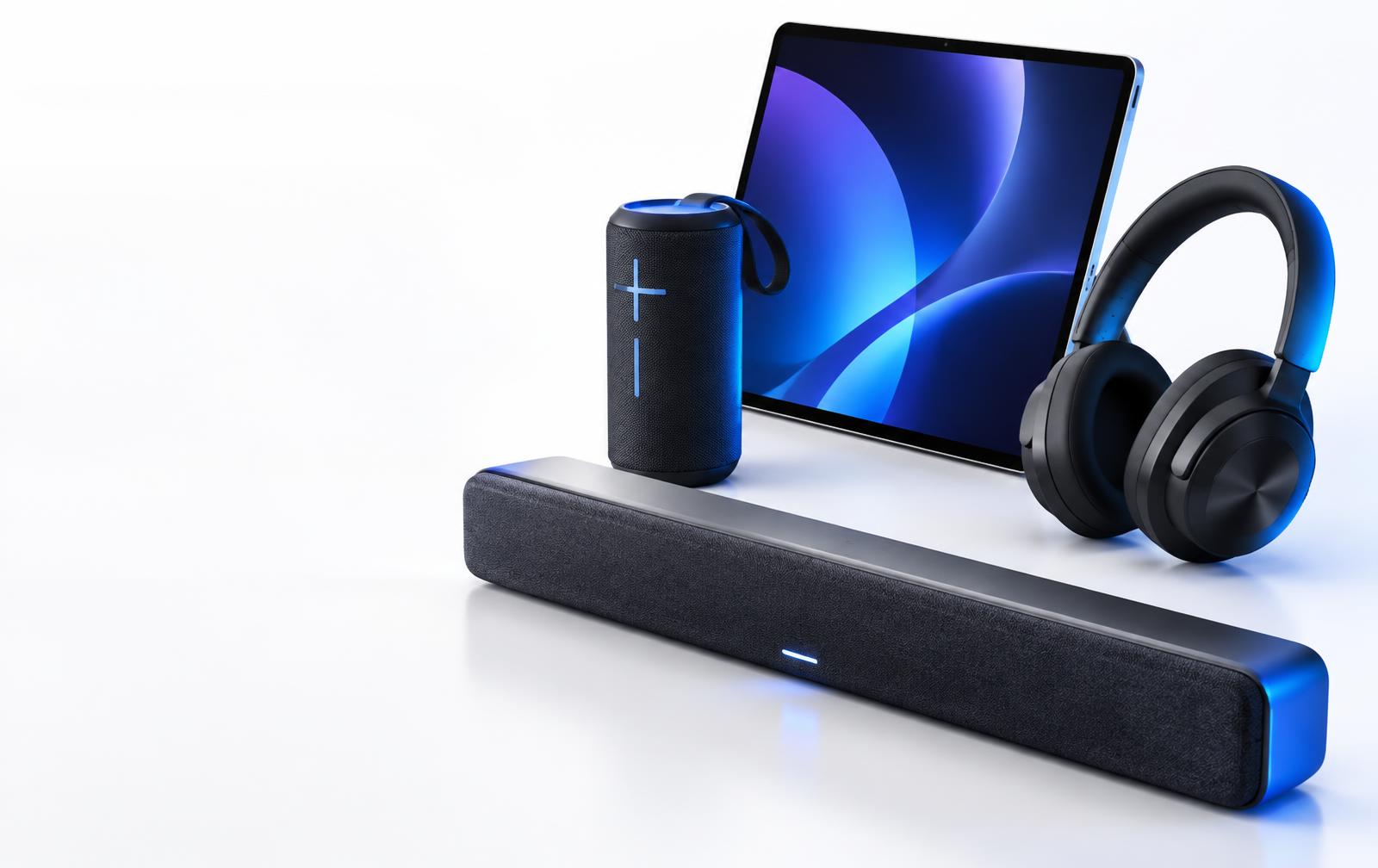 Speaker, tablet, headphones and soundbar